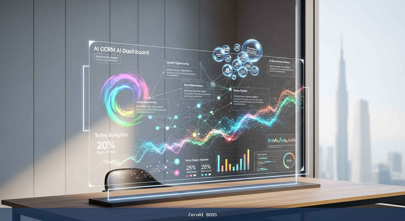 Futuristic AI dashboard and glowing digital nodes in a modern workspace representing AI CRM technology